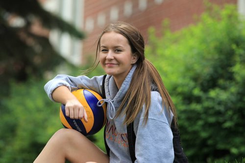 RUTH BONNEVILLE / WINNIPEG FREE PRESS  2017 Project: Grade 11, Glen Lawn student, Sydney, throws around a volleyball outside the gym after class.  Sydney has been on the senior volleyball team since grade 10.  She is one of a group of students from Windsor School that the Free Press has been following since kindergarden.     See Doug Speirs story.   June 15 / 2016