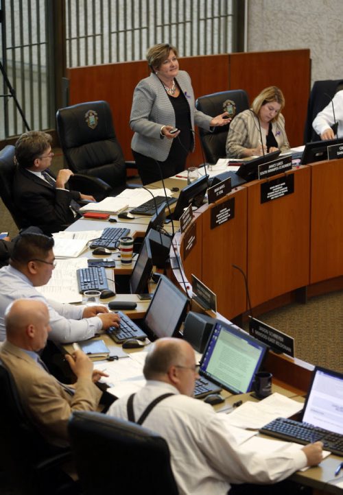 WAYNE GLOWACKI / WINNIPEG FREE PRESS Winnipeg Councillor Janice Lukes debates the Manitoba Hydro land deal at City Hall Wednesday afternoon. Aldo Santin story June 15 2016