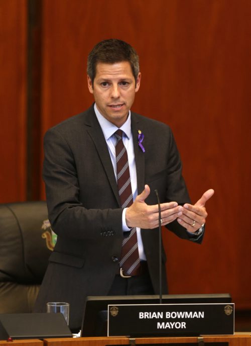 WAYNE GLOWACKI / WINNIPEG FREE PRESS  Winnipeg Mayor Brian Bowman debates the Manitoba Hydro land deal at City Hall Wednesday afternoon. Aldo Santin story    June 15  2016