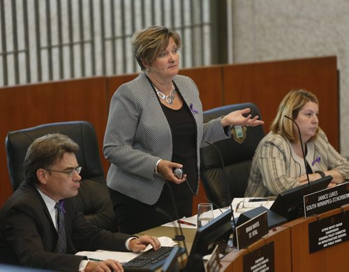 WAYNE GLOWACKI / WINNIPEG FREE PRESS  Winnipeg Councillor Janice Lukes debates the Manitoba Hydro land deal at City Hall Wednesday afternoon. Aldo Santin story    June 15  2016