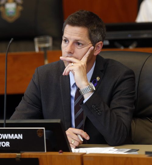 WAYNE GLOWACKI / WINNIPEG FREE PRESS  Winnipeg Mayor Brian Bowman listens to debate about the Manitoba Hydro land deal at City Hall Wednesday afternoon. Aldo Santin story    June 15  2016