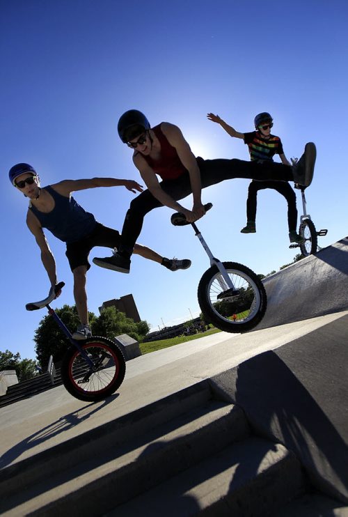 PHIL HOSSACK / WINNIPEG FREE PRESS -   Unicyclists Ruel Neuman (left) Jared Halpin (centre) and Louis Stevens strike a pose for Dave Sanderson's story. June 15, 2016