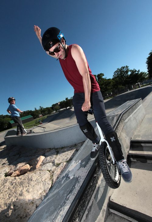 PHIL HOSSACK / WINNIPEG FREE PRESS -   Unicyclist Jared Halpin "grinds" down a rail for Dave Sanderson's story. June 15, 2016