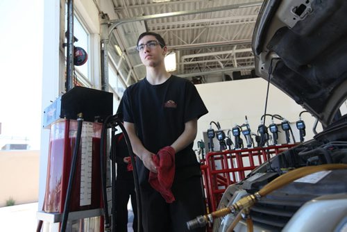 RUTH BONNEVILLE / WINNIPEG FREE PRESS  2017 Project: Grade 11, Glen Lawn student Thomas, learns how to service vehicles for work experience at the Great Canadian Oil company.   He is one of a group of students from Windsor School that the Free Press has been following throughout his school years.       See Doug Speirs story.   June 15 / 2016