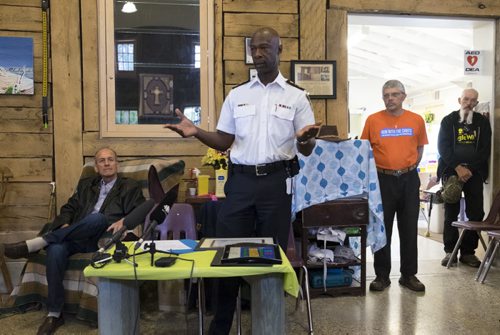 ZACHARY PRONG / WINNIPEG FREE PRESS  Outgoing Winnipeg Chief of Police Devon Clunis gives a speech at the Barber House in North Point Douglas at an event horning his retirement and and commitment to inner city communities on  June 16, 2016.