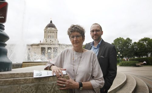 RUTH BONNEVILLE / WINNIPEG FREE PRESS  Portrait of  Lynne Fernandez and James Magnus-Johnston who co-wrote with Mark Hudson (not in photo)  Energy East Taking Manitoba in the Wrong Direction which was was presented at a press conference in front of the Legislative Building Thursday afternoon.    June 16 / 2016