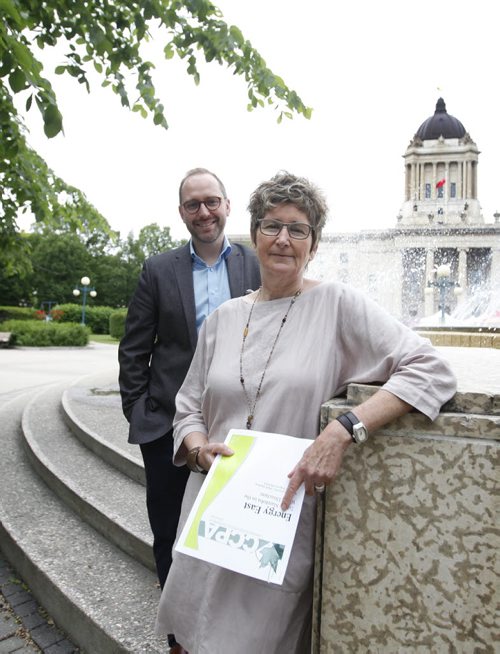 RUTH BONNEVILLE / WINNIPEG FREE PRESS  Portrait of  Lynne Fernandez and James Magnus-Johnston who co-wrote with Mark Hudson (not in photo)  Energy East Taking Manitoba in the Wrong Direction which was was presented at a press conference in front of the Legislative Building Thursday afternoon.    June 16 / 2016