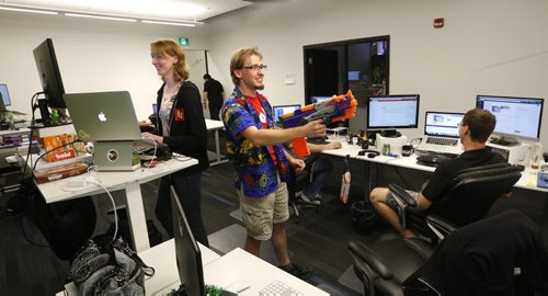 WAYNE GLOWACKI / WINNIPEG FREE PRESS   Bold employee David Bilsky with his nerf gun during the Winnipeg Tech Company open house held Thursday. Bold went from 4 employees in January 2013 to 100 employees in highly skilled job roles as of June 2016. ¤The company is aiming to reach 230 employees in the next 24-36 months. Employee perks include arcade games and foosball in the office, daily catered lunches for staff, on-site workout facilities, stock options and flex hours. ¤ Martin Cash story    June 16  2016