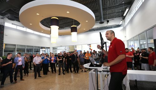 WAYNE GLOWACKI / WINNIPEG FREE PRESS  At an open house Thursday, Jason Myers, one of the partners with Winnipeg tech company Bold raises his glass to celebrate the business has surpassed 100 employees. Bold went from 4 employees in January 2013 to 100 employees in highly skilled job roles as of June 2016. ¤The company is aiming to reach 230 employees in the next 24-36 months. Employee perks include arcade games and foosball in the office, daily catered lunches for staff, on-site workout facilities, stock options and flex hours. ¤ Martin Cash story    June 16  2016