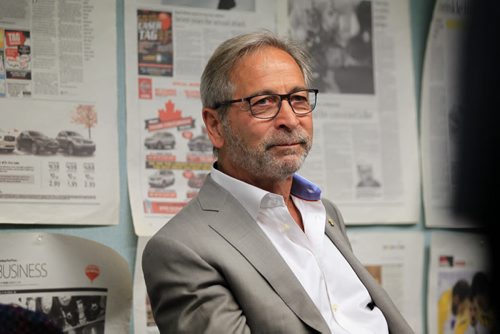 RUTH BONNEVILLE / WINNIPEG FREE PRESS  Winnipeg Free Press co-owner, Bob Silver, joined Free Press publisher, editor and staff for a celebratory toast for the launch of the redesigned newspaper which was delivered this morning to newstands.    June 16 / 2016