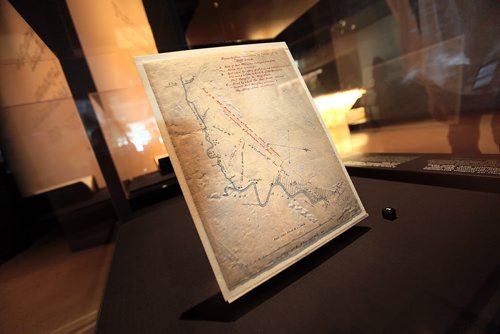 PHIL HOSSACK / WINNIPEG FREE PRESS -    BATTLE of Seven Oaks  - The Coltman Report origional report and a pair of hand drawn maps are on display at the Museum of Human Rights.  Detail map marks the site of the origional battle of Seven Oaks. See detail notes in other photos. See story. June 16, 2016