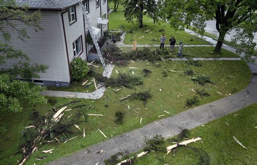 WAYNE GLOWACKI / WINNIPEG FREE PRESS   A large spruce tree was struck by lightning and exploded on the front yard of a duplex on Corydon Ave. at Grenadier Dr. Friday morning. No one was injured. This view was courtesy of Shurwood Forest tree service on scene to clean up the site. Kevin Rollason story    June 17  2016