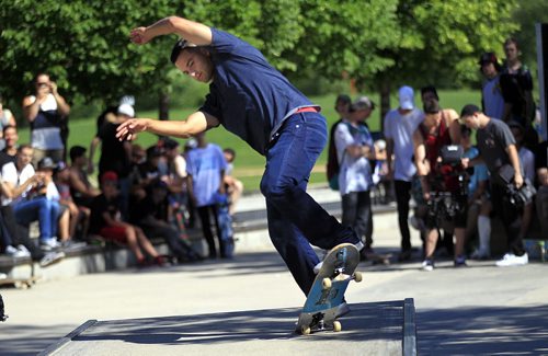PHIL HOSSACK / WINNIPEG FREE PRESS - SK8 - Paul Rodriguez performs in front of a standing room only crowd at the Forks Skate Park Friday afternoon as part of the Primitive Canadian National Skate Tour  Make Canada Great Again. See release. STAND-UP  June 17, 2016
