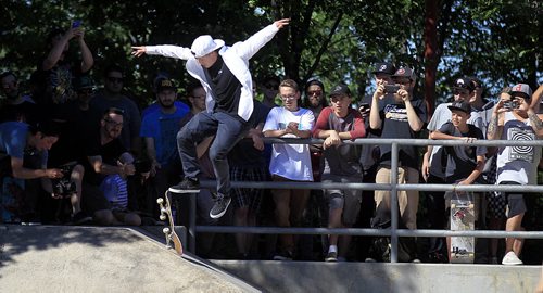 PHIL HOSSACK / WINNIPEG FREE PRESS - SK8 - Australian boarder Shane O'Neill flies in front of a standing room only crowd at the Forks Skate Park Friday afternoon as part of the Primitive Canadian National Skate Tour  Make Canada Great Again. See release. STAND-UP  June 17, 2016
