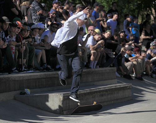 PHIL HOSSACK / WINNIPEG FREE PRESS - SK8 - Australian boarder Shane O'Neill misses a landing in front of a standing room only crowd at the Forks Skate Park Friday afternoon as part of the Primitive Canadian National Skate Tour  Make Canada Great Again. See release. STAND-UP  June 17, 2016