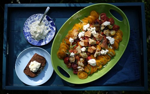 ZACHARY PRONG / WINNIPEG FREE PRESS  Tomato, ricotta and crouton salad, chocolate coconut poundcake with ricotta and honey and home made ricotta-style cheese. June 17, 2016.