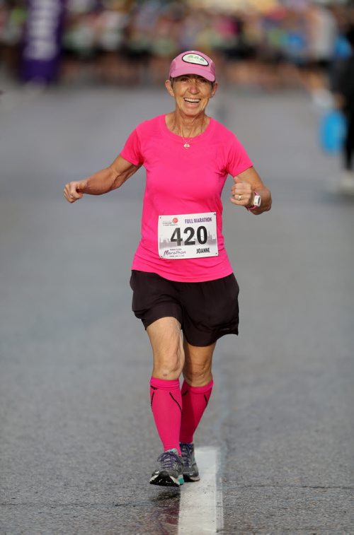 TREVOR HAGAN / WINNIPEG FREE PRESS 2016 Manitoba Marathon, full marathon participant Joanne Noga of Dugald, MB at the start line at the University of Manitoba, Sunday, June 19, 2016.