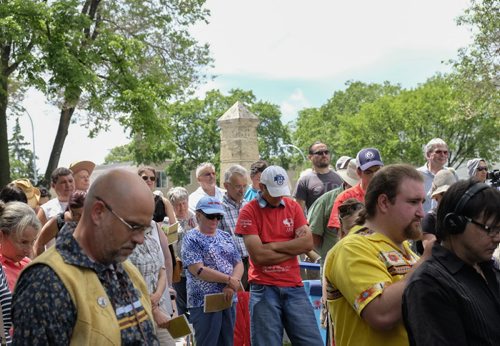 ZACHARY PRONG / WINNIPEG FREE PRESS  People observe a moment of silence at the Battle of Seven Oaks National Historical Site on Sunday, June 19, 2016 during a ceremony marking the bicentennial of the battle. Improvements to the site were officially unveiled by Parks Canada and the Seven Oaks Monument Committee.
