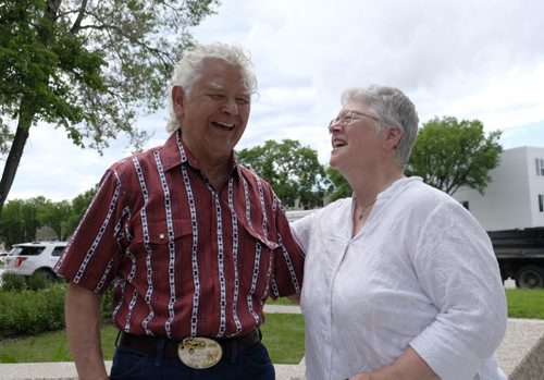 ZACHARY PRONG / WINNIPEG FREE PRESS  Herb Wells and Lorraine Iverach enjoy a moment during a ceremony marking the bicentennial of the Battle of Seven Oaks on June 19, 2016. Wells and Iverach had a chance encounter before the ceremony and discovered they share a great-great-great grandfather who fought in the battle. (See story by Aidan for details)
