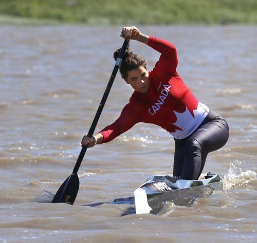 WAYNE GLOWACKI / WINNIPEG FREE PRESS   Nadya Crossman-Serb, a rising Winnipeg paddler in a C1 canoe on the Red River by the Winnipeg Canoe and Kayak Centre. She recently won her first World Cup gold in women's C2.       Melissa Martin story   June 20  2016