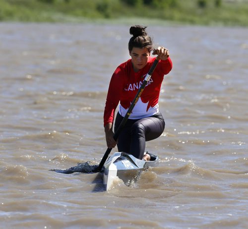 WAYNE GLOWACKI / WINNIPEG FREE PRESS   Nadya Crossman-Serb, a rising Winnipeg paddler in a C1 canoe on the Red River by the Winnipeg Canoe and Kayak Centre. She recently won her first World Cup gold in women's C2.       Melissa Martin story   June 20  2016