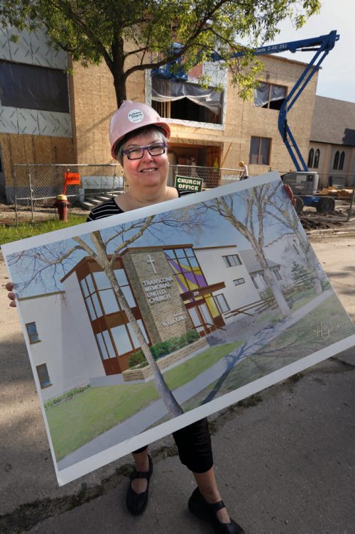 WAYNE GLOWACKI / WINNIPEG FREE PRESS   Faith Page.  Rev. Carol Fletcher has a street named in her honour for all her community building work at Transcona Memorial United. The church is currently under renovation to accommodate more community programs such as seniors programs, food banks and nursery school. They have a $1.8 M three-level renovation at front of building for accessibility, elevator, and new washrooms. She is holding an an artist's rendering of the front of the church. Brenda Suderman story June 21  2016