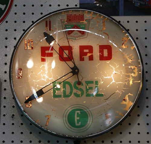 WAYNE GLOWACKI / WINNIPEG FREE PRESS   A Ford Edsel clock, this is part of Burt Barkman's lifelong collection of gas station items in his hangar. He is selling everything at this Sunday morning at an auction held in his hangar at Lyncrest Airport. Randy Turner story  June 21  2016