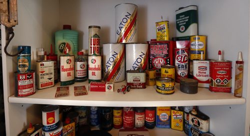 WAYNE GLOWACKI / WINNIPEG FREE PRESS   Shelves of small oil containers from the 30's-70's, this is part of Burt Barkman's lifelong collection of gas station items in his hangar. He is selling everything at this Sunday morning at an auction held in his hangar at Lyncrest Airport. Randy Turner story  June 21  2016