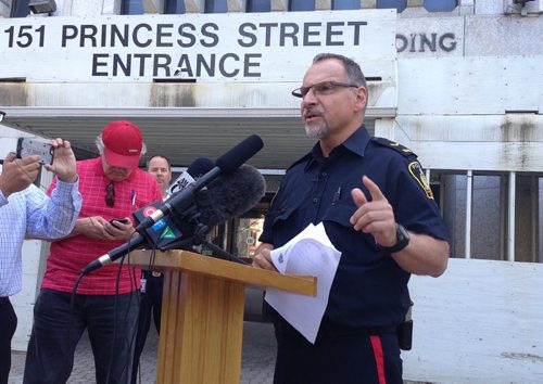RUTH BONNEVILLE / WINNIPEG FREE PRESS  Constable Rob Carver holds press conference outside PSB Tuesday.  The Public Information Office conducted a media briefing outside Tuesday at the Public Safety Building discussing the following   incidents. ·         Child abduction ·         Fire investigation ·         Closure of Public Safety Building  June 21 / 2016