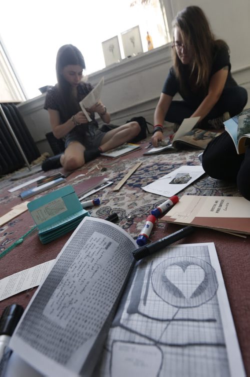 JOHN WOODS / WINNIPEG FREE PRESS (From left) Meganelizabeth Diamond and Gillian Toothill work on their zine Rip/Torn in their studio Tuesday, June 21, 2016.  For a feature on Winnipeg zines.