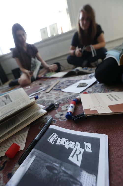 JOHN WOODS / WINNIPEG FREE PRESS (From left) Meganelizabeth Diamond and Gillian Toothill work on their zine Rip/Torn in their studio Tuesday, June 21, 2016.  For a feature on Winnipeg zines.