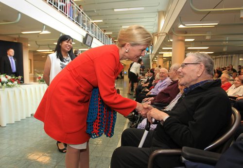 RUTH BONNEVILLE / WINNIPEG FREE PRESS  Countess of Wessex shakes a resident of Deer Lodge's hand  while touring the  centre on celebration of its 100th birthday Wednesday.   June 22 / 2016