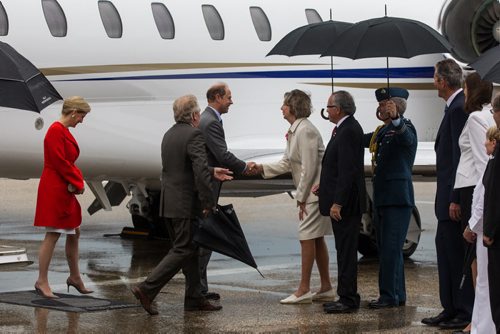 MIKE DEAL / WINNIPEG FREE PRESS Their Royal Highnesses, the Earl and Countess of Wessex arrive at the Royal Aviation Museum of Western Canada and are greeted by the Lieutenant-governor Janice Filmon and Premier Brian Pallister Wednesday morning. 160622 - Wednesday, June 22, 2016