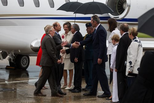 MIKE DEAL / WINNIPEG FREE PRESS Their Royal Highnesses, the Earl and Countess of Wessex arrive at the Royal Aviation Museum of Western Canada and are greeted by the Lieutenant-governor Janice Filmon and Premier Brian Pallister Wednesday morning. 160622 - Wednesday, June 22, 2016