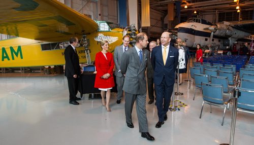 MIKE DEAL / WINNIPEG FREE PRESS Their Royal Highnesses, the Earl and Countess of Wessex arrive at the Royal Aviation Museum of Western Canada and are greeted by the Lieutenant-governor Janice Filmon and Premier Brian Pallister Wednesday morning. 160622 - Wednesday, June 22, 2016