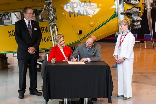 MIKE DEAL / WINNIPEG FREE PRESS Their Royal Highnesses, the Earl and Countess of Wessex arrive at the Royal Aviation Museum of Western Canada and are greeted by the Lieutenant-governor Janice Filmon and Premier Brian Pallister Wednesday morning. 160622 - Wednesday, June 22, 2016