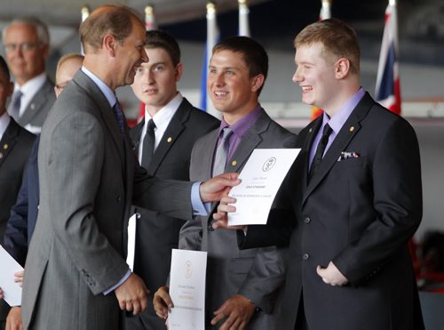 BORIS MINKEVICH / WINNIPEG FREE PRESS Prince Edward gives a Duke of Edinburgh Award to Luke Thorne at the Royal Aviation Museum of Western Canada. June 22, 2016.