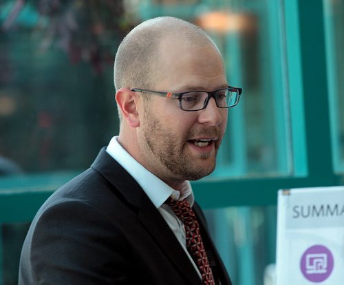 PHIL HOSSACK / WINNIPEG FREE PRESS -  Scott Suderman explains the inner working of proposed downtown bike lanes Thursday at an open house held at the Forks to get input from Winnipeggers. See Ashley Prest story. - See story. June 23, 2016