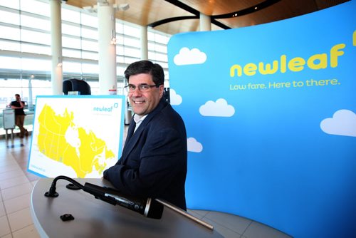 RUTH BONNEVILLE / WINNIPEG FREE PRESS  NewLeaf Travel CEO Jim Young holds press conference at Richardson International Airport Thursday.  June 23 / 2016