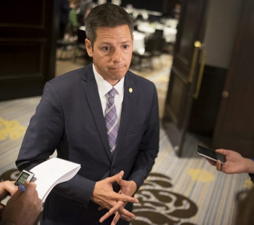 ZACHARY PRONG / WINNIPEG FREE PRESS  Mayor Brian Bowman answers questions after the Winnipeg Arts Council Awards lunch at the Fairmount Hotel on June 24, 2016.