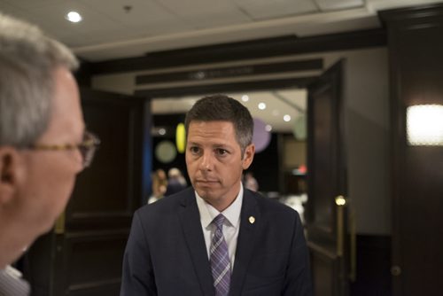 ZACHARY PRONG / WINNIPEG FREE PRESS  Mayor Brian Bowman answers questions after the Winnipeg Arts Council Awards lunch at the Fairmount Hotel on June 24, 2016.