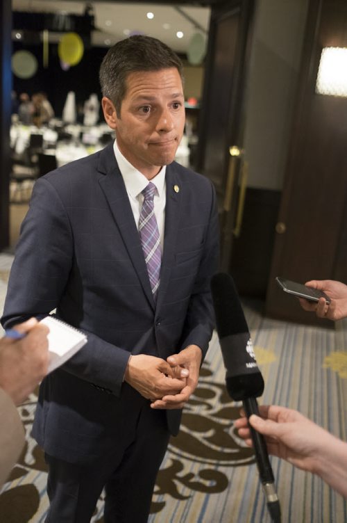 ZACHARY PRONG / WINNIPEG FREE PRESS  Mayor Brian Bowman answers questions after the Winnipeg Arts Council Awards lunch at the Fairmount Hotel on June 24, 2016.