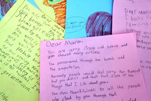 RUTH BONNEVILLE / WINNIPEG FREE PRESS  Photo of art work created by grade 3 & 4l students at Beaverlodge School for Maria Mitousis.  She was a victim of a bomb going off in a package at her work a year ago.  Gordon Sinclair story.  June 23 / 2016