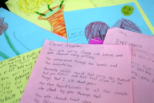 RUTH BONNEVILLE / WINNIPEG FREE PRESS  Photo of art work and handwritten letters created by grade 3 & 4 students at Beaverlodge School for Maria Mitousis.  She was a victim of a bomb going off in a package at her work a year ago.  Gordon Sinclair story.  June 23 / 2016