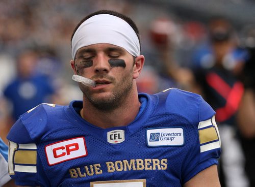 JOE BRYKSA / WINNIPEG FREE PRESS Winnipeg Blue Bombers  Weston Dressler leaves  Investors Group Field  to the dressing room after a first quarter hit by the Montreal Allouettes  -June 24, 2016  -(See story)
