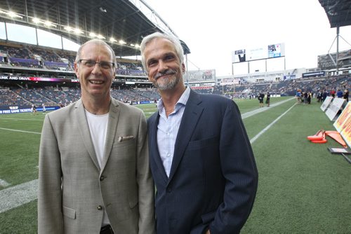 JOE BRYKSA / WINNIPEG FREE PRESS Sports Editor Steve Lyons and FP columnist Paul Wiecek at Investors Group Field-June 24, 2016 -(See story)