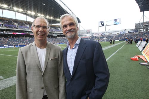 JOE BRYKSA / WINNIPEG FREE PRESS   Sports Editor Steve Lyons and FP columnist Paul Wiecek at Investors Group Field-June 24, 2016  -(See story)