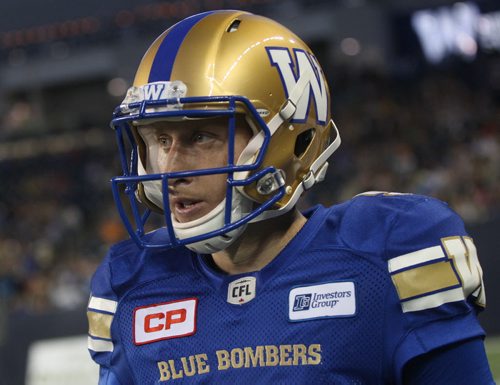 JOE BRYKSA / WINNIPEG FREE PRESS Winnipeg Blue Bombers  Drew Willy leaves the field during play against the  Montreal Allouettes during first half CFL action in Winnipeg at Investors Group Field -June 24, 2016  -(See story)