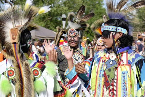 ZACHARY PRONG / WINNIPEG FREE PRESS  Participants in the Aboriginal Day Live Pow Wow competition celebrate after a performance on June 25, 2016.