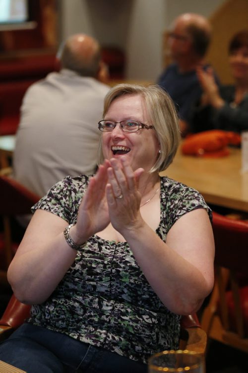 JOHN WOODS / WINNIPEG FREE PRESS In Winnipeg's Begian Club Janis Huyghe cheers on Belgium as they defeat Hungary in their final 16 match in the Euro Cup Sunday, June 26, 2016.